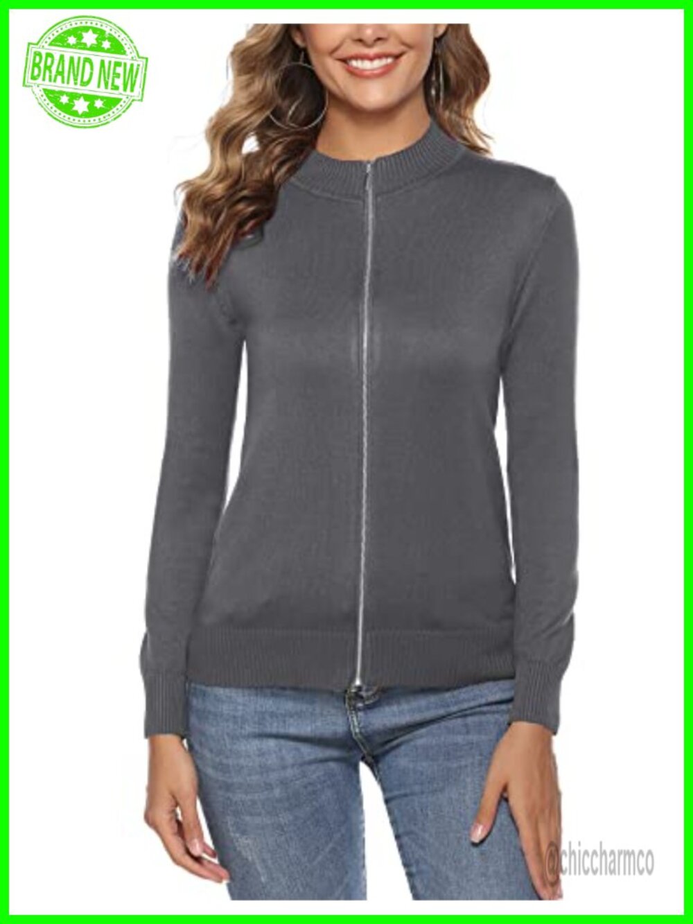 Zip Front Cardigan Sweater Lightweight Knit Long Sleeve Crewneck